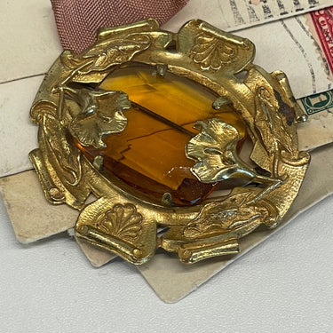 1940’s Czech Glass Amber and Gold Brooch Bloomers and Frocks